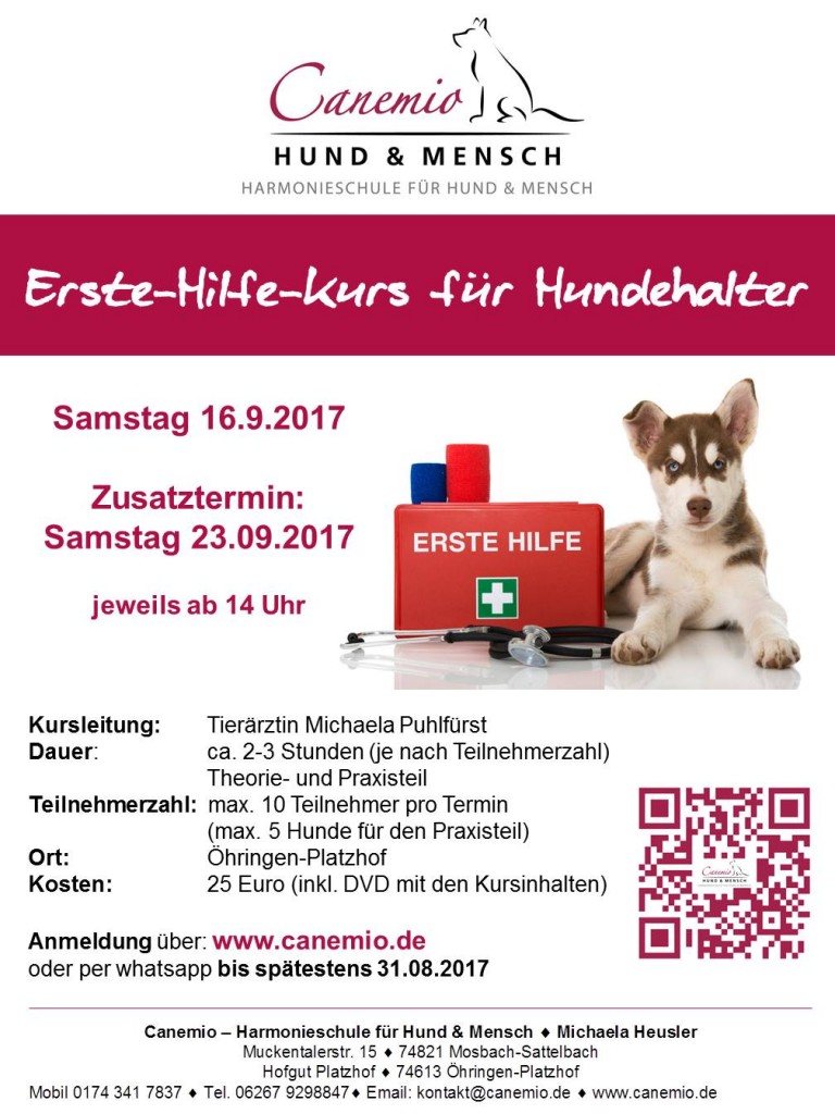 ErsteHilfeKurs für Hundehalter am 16./23.09.2017 Canemio